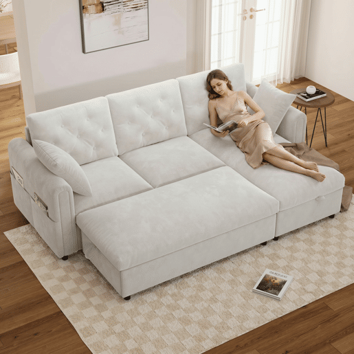 Sofá modular 3 lugares fixa panorâmico de veludo com armazenamento,bege