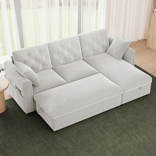 Sofá modular 3 lugares fixa panorâmico de veludo com armazenamento,bege
