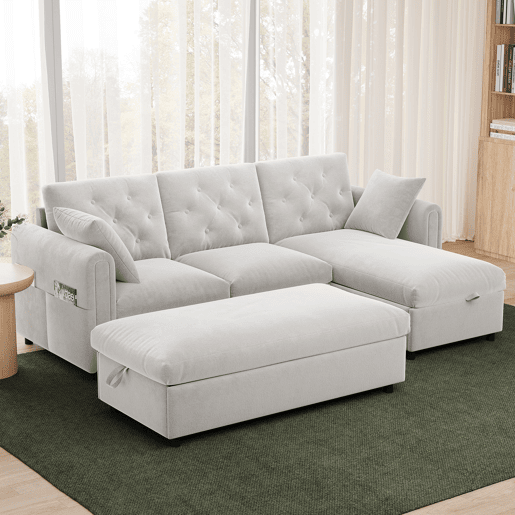 Sofá modular 3 lugares fixa panorâmico de veludo com armazenamento,bege