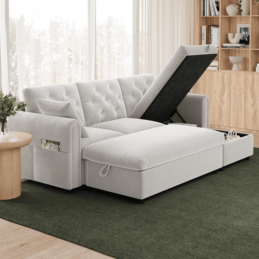 Sofá modular 3 lugares fixa panorâmico de veludo com armazenamento,bege