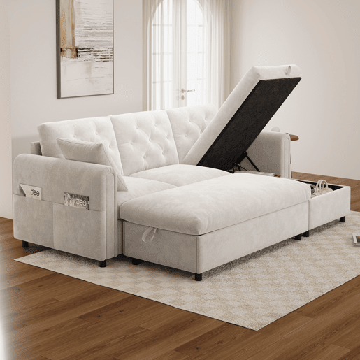 Sofá modular 3 lugares fixa panorâmico de veludo com armazenamento,bege