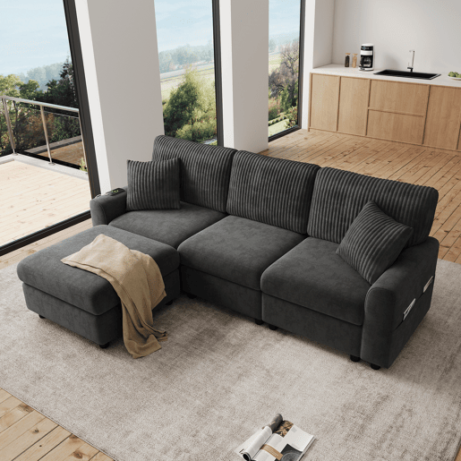 Sofá modular 4 lugares fixa reversível de tecido,preto