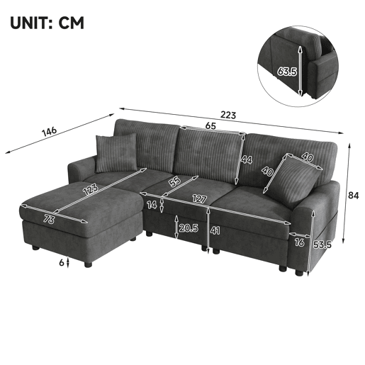 Sofá modular 4 lugares fixa reversível de tecido,preto