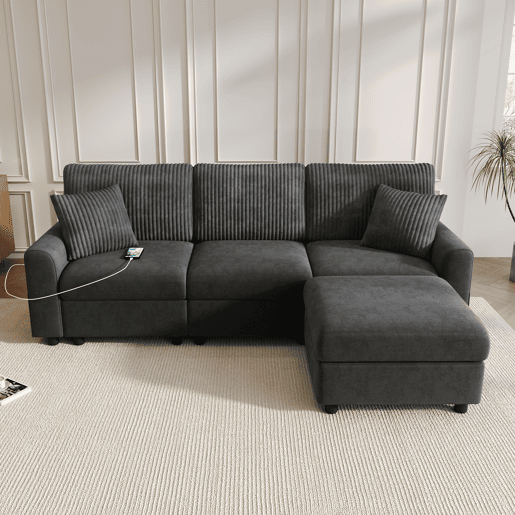 Sofá modular 4 lugares fixa reversível de tecido,preto