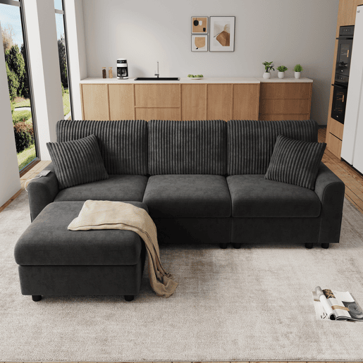 Sofá modular 4 lugares fixa reversível de tecido,preto