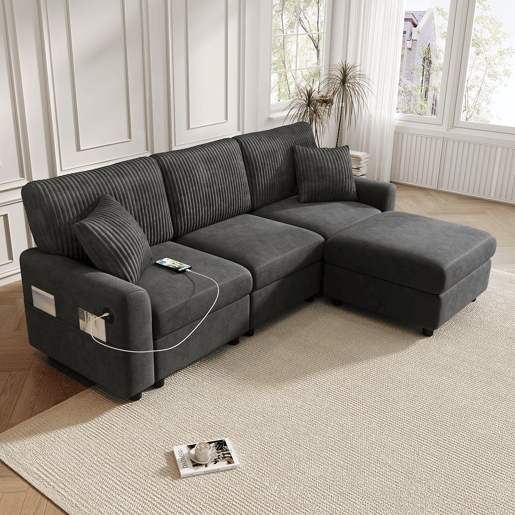 Sofá modular 4 lugares fixa reversível de tecido,preto