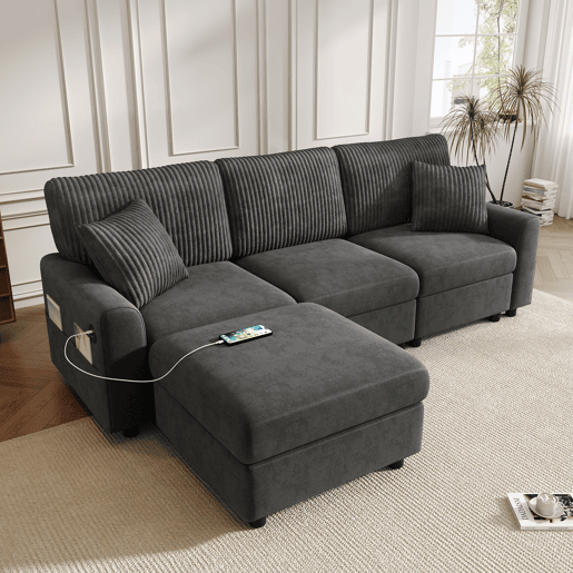 Sofá modular 4 lugares fixa reversível de tecido,preto