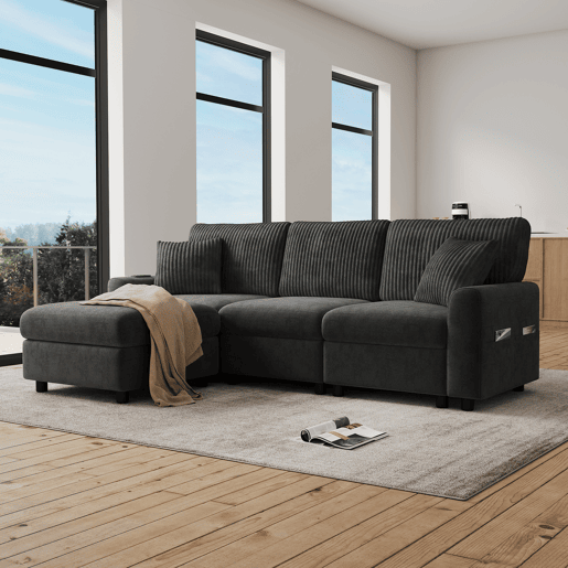 Sofá modular 4 lugares fixa reversível de tecido,preto
