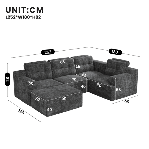 Sofá modular,sofá compressível 5 lugares fixa panorâmico de tecido,cinza