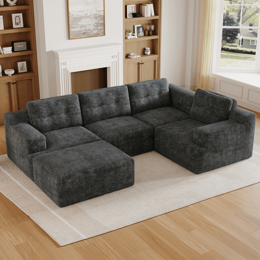 Sofá modular,sofá compressível 5 lugares fixa panorâmico de tecido,cinza