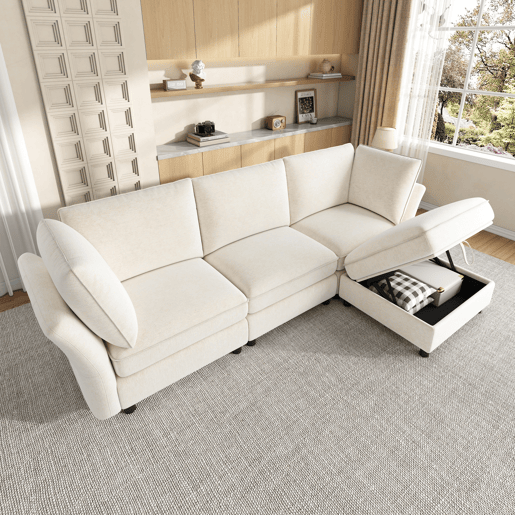 Sofá modular 4 lugares fixa reversível de tecido,bege