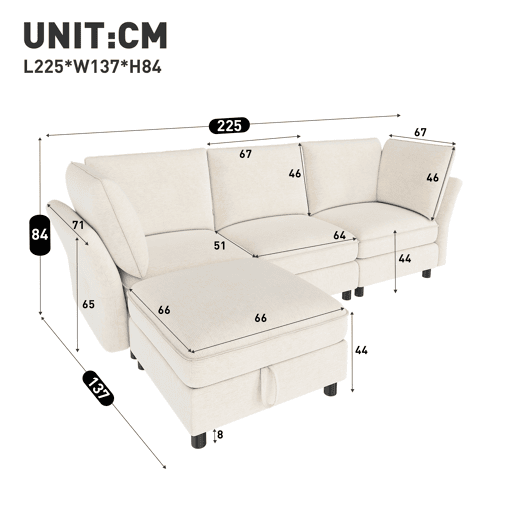 Sofá modular 4 lugares fixa reversível de tecido,bege