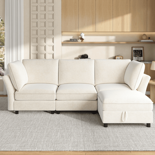 Sofá modular 4 lugares fixa reversível de tecido,bege