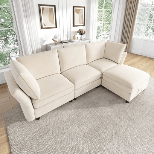 Sofá modular 4 lugares fixa reversível de tecido,bege