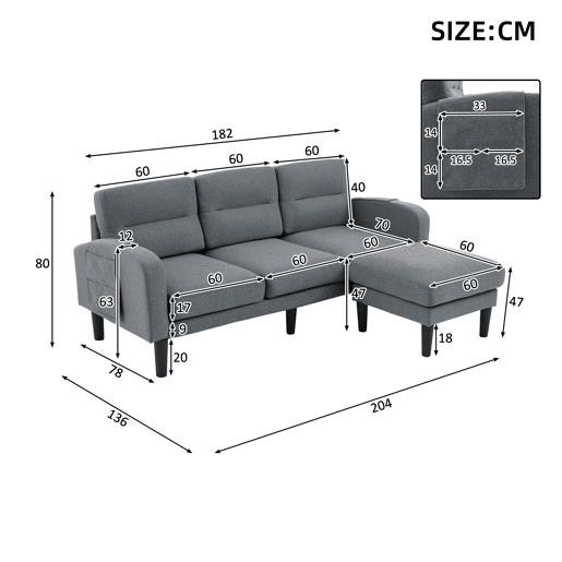 Sofá modular 3 lugares fixa reversível de tecido,cinza Sofá modular 3 lugares fixa reversível de tecido,cinza