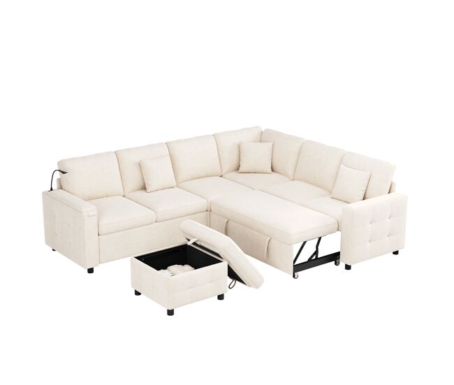 Sofá modular 6 plazas fija panorámico de tela,beige