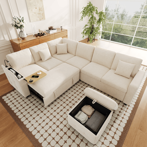 Sofá modular 6 lugares fixa panorâmico de tecido,bege