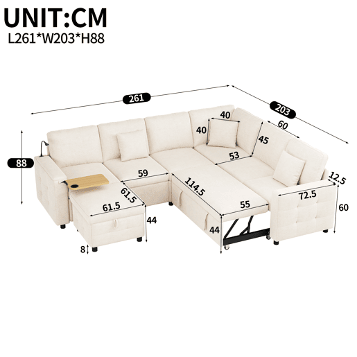Sofá modular 6 lugares fixa panorâmico de tecido,bege
