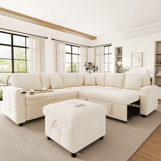 Sofá modular 6 lugares fixa panorâmico de tecido,bege