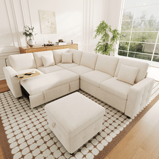 Sofá modular 6 lugares fixa panorâmico de tecido,bege