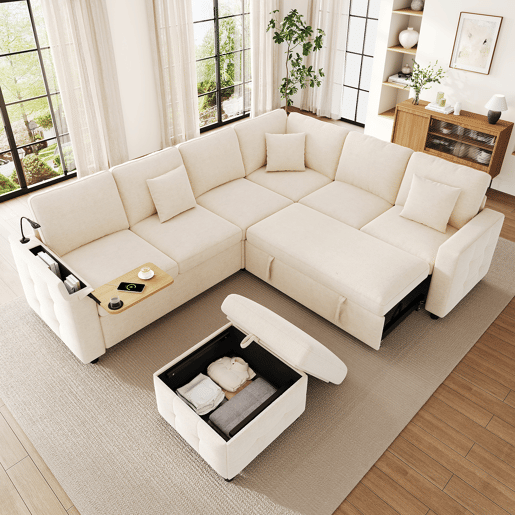 Sofá modular 6 lugares fixa panorâmico de tecido,bege