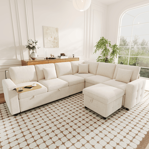 Sofá modular 6 lugares fixa panorâmico de tecido,bege