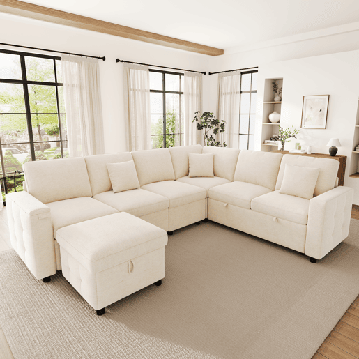 Sofá modular 6 lugares fixa panorâmico de tecido,bege