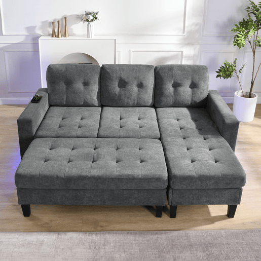 Sofá modular 3 lugares fixa panorâmico de tecido,cinza