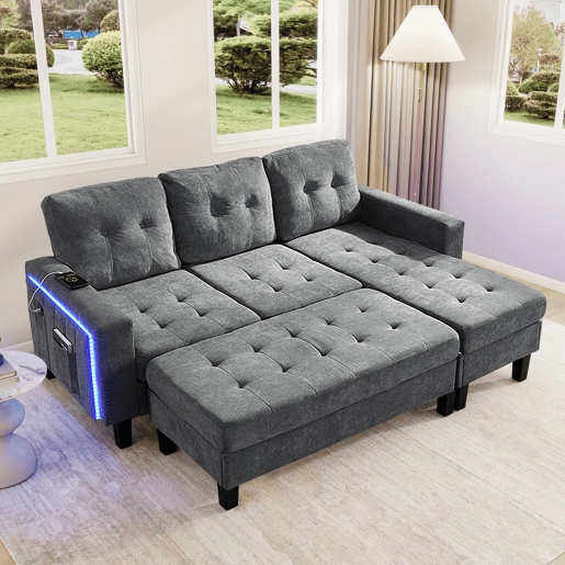 Sofá modular 3 lugares fixa panorâmico de tecido,cinza