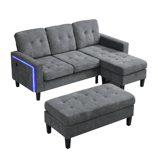 Sofá modular 3 lugares fixa panorâmico de tecido,cinza
