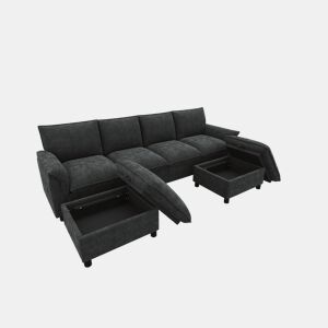 Sofá modular 4 lugares fixa panorâmico de tecido,cinza