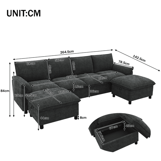 Sofá modular 4 lugares fixa panorâmico de tecido,cinza Sofá modular 4 lugares fixa panorâmico de tecido,cinza