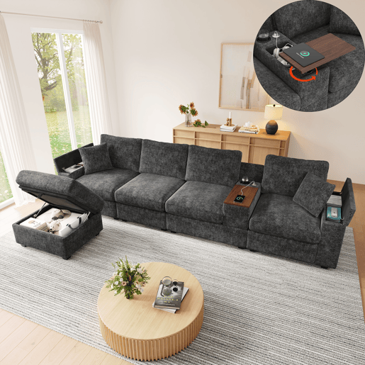 Sofá modular 5 lugares fixa reversível de tecido,cinza Sofá modular 5 lugares fixa reversível de tecido,cinza