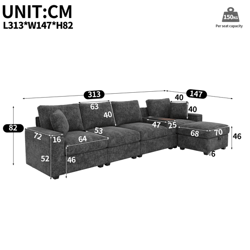 Sofá modular 5 lugares fixa reversível de tecido,cinza Sofá modular 5 lugares fixa reversível de tecido,cinza