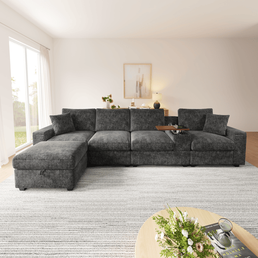 Sofá modular 5 lugares fixa reversível de tecido,cinza Sofá modular 5 lugares fixa reversível de tecido,cinza