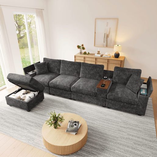 Sofá modular 5 lugares fixa reversível de tecido,cinza Sofá modular 5 lugares fixa reversível de tecido,cinza