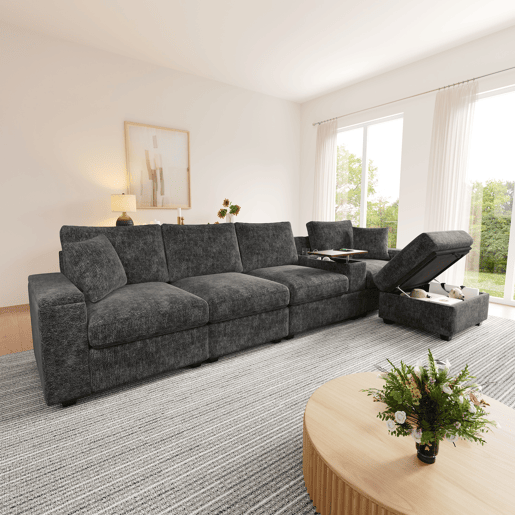 Sofá modular 5 lugares fixa reversível de tecido,cinza Sofá modular 5 lugares fixa reversível de tecido,cinza
