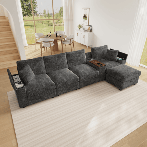 Sofá modular 5 lugares fixa reversível de tecido,cinza Sofá modular 5 lugares fixa reversível de tecido,cinza