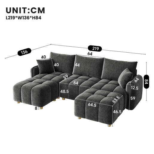Sofá modular,sofá compressível 5 lugares fixa panorâmico de tecido,cinza