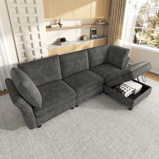 Sofá modular 4 lugares fixa reversível de tecido,cinza