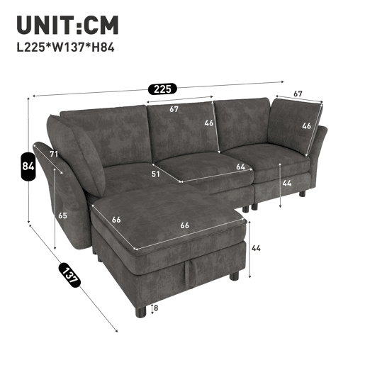 Sofá modular 4 lugares fixa reversível de tecido,cinza