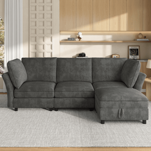 Sofá modular 4 lugares fixa reversível de tecido,cinza