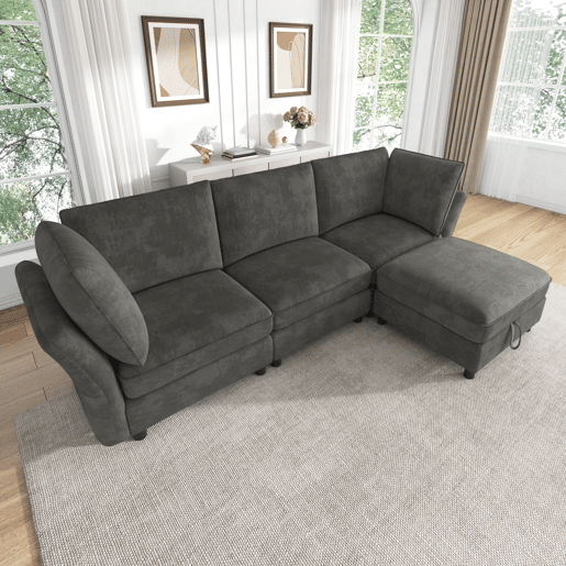 Sofá modular 4 lugares fixa reversível de tecido,cinza