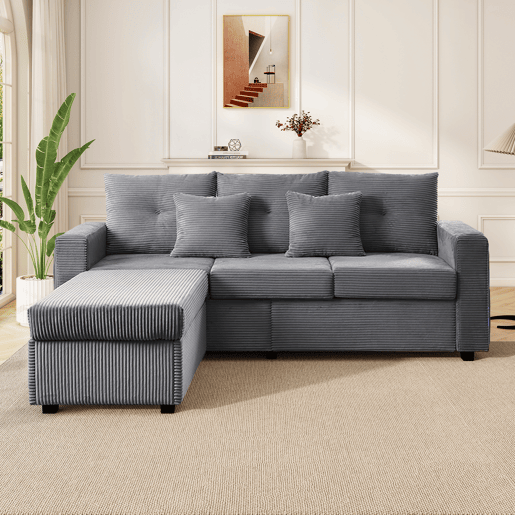 Sofá modular 3 lugares fixa reversível de tecido,cinza