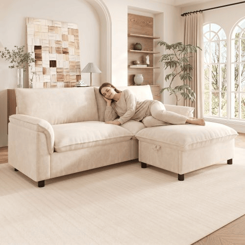 Sofá modular 3 lugares fixa reversível de tecido,bege