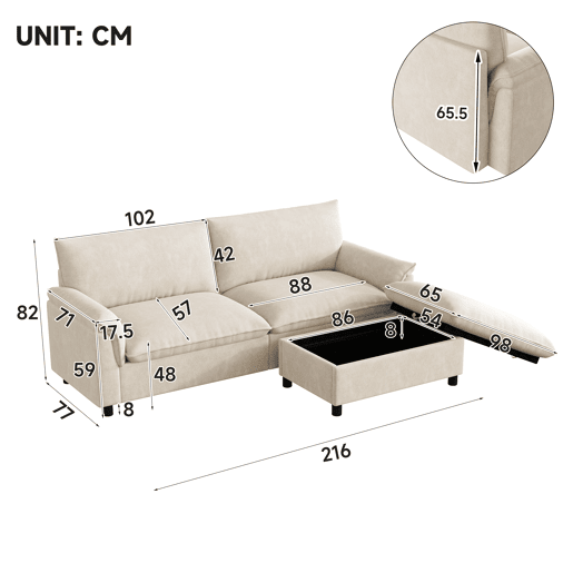 Sofá modular 3 lugares fixa reversível de tecido,bege
