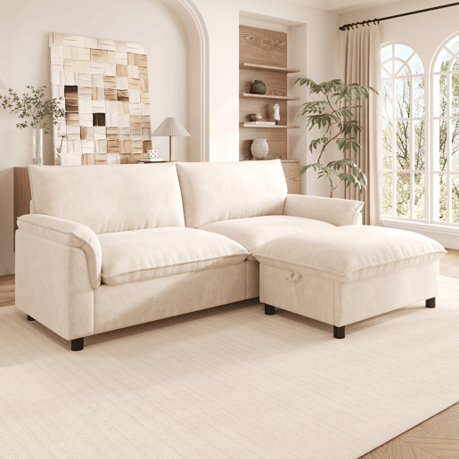 Sofá modular 3 lugares fixa reversível de tecido,bege