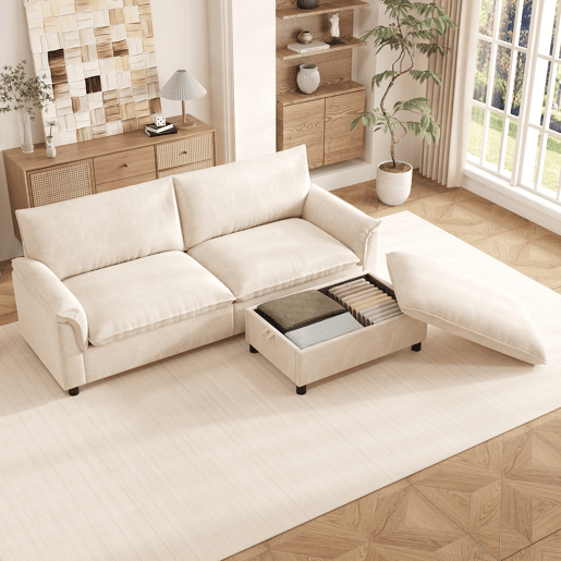 Sofá modular 3 lugares fixa reversível de tecido,bege