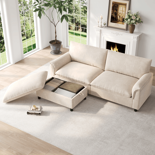Sofá modular 3 lugares fixa reversível de tecido,bege