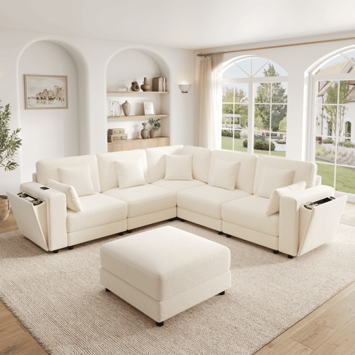 Sofá modular 6 lugares fixa panorâmico de tecido,bege Sofá modular 6 lugares fixa panorâmico de tecido,bege